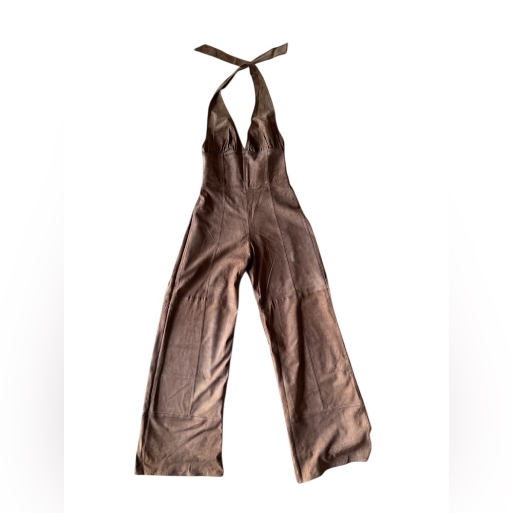 Marianne Vanderwilt Leather Suede Jumpsuit Brown Tan Halter Pants Fringe Wrap